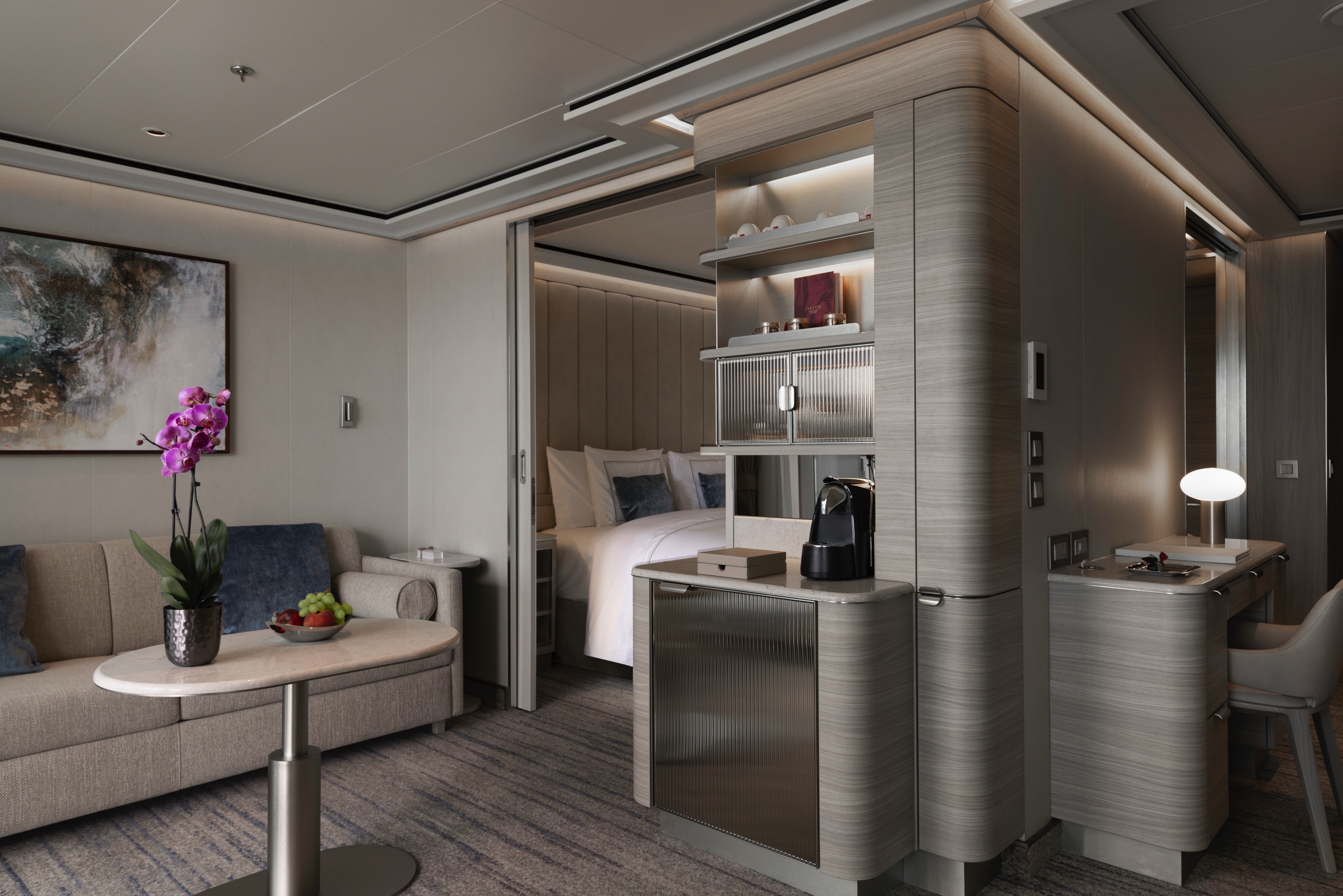 Silversea, Silver Ray, Premium Medallion Suite Bedroom & Living Room ©Silversea Cruises Ltd
