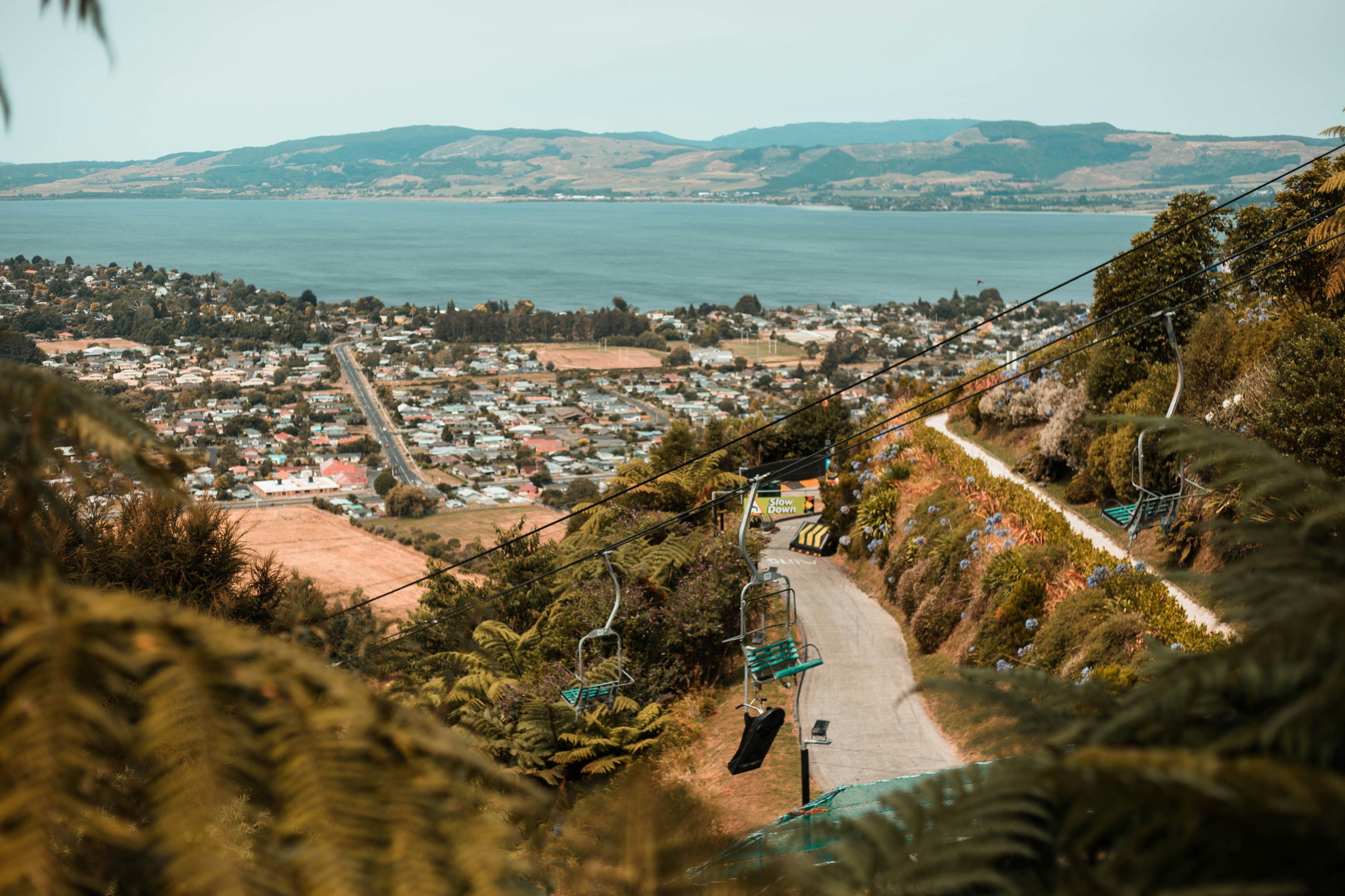 Views or Lake Rotorua, New Zealand from the top of Skyline Rotorua.