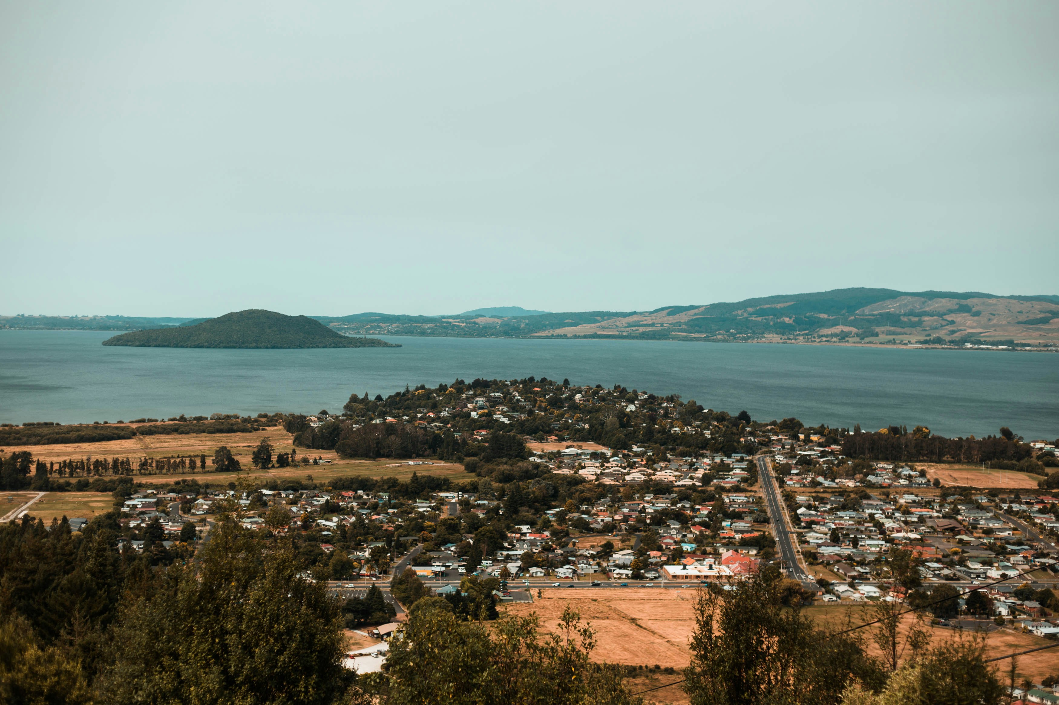 Views or Lake Rotorua, New Zealand from the top of Skyline Rotorua.