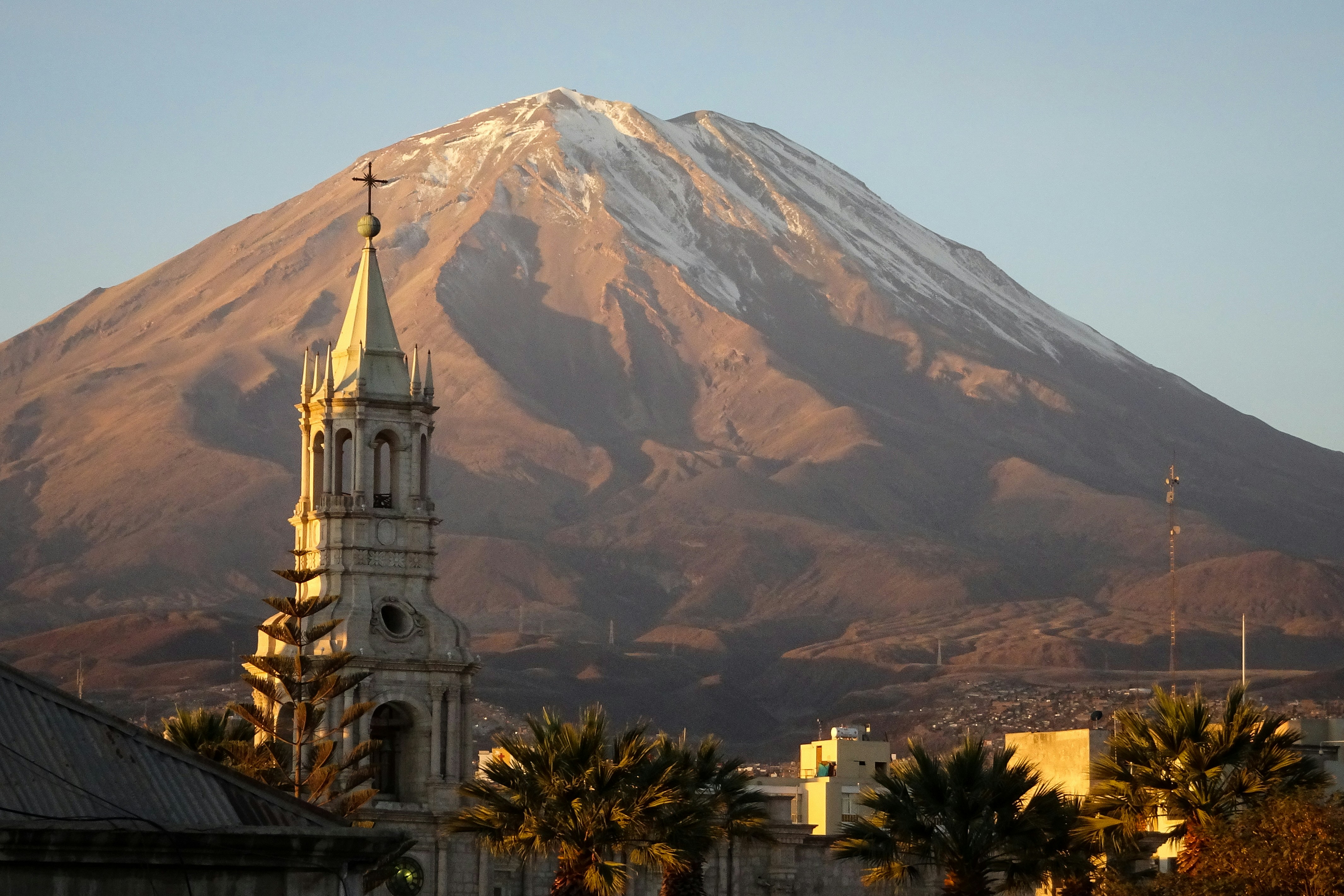 El Misti, an active but dormant volcano, looms over the town of Arequipa, Peru