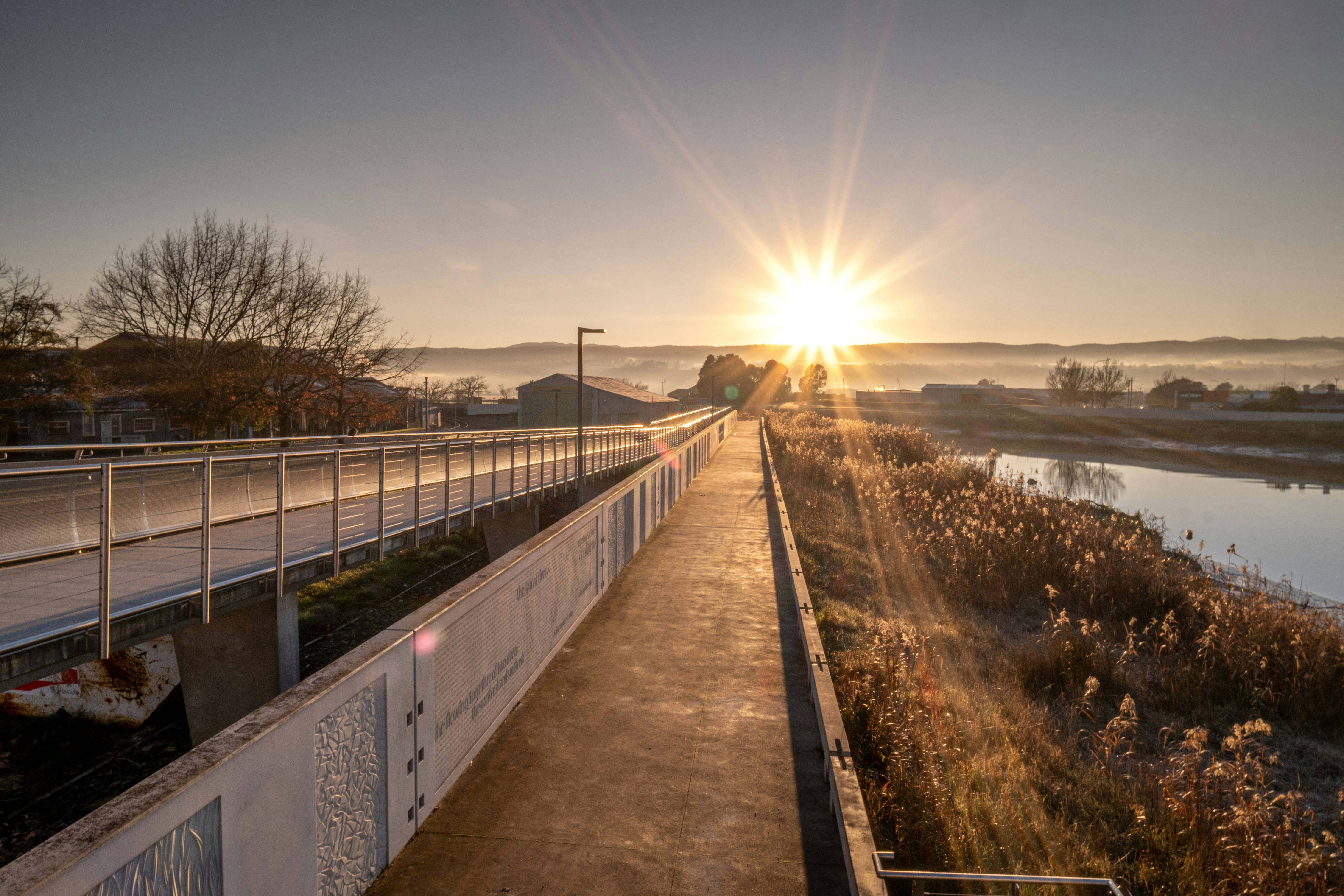 Sunrise over South Esk River boardwalk, Launceston, Tasmania, Australia