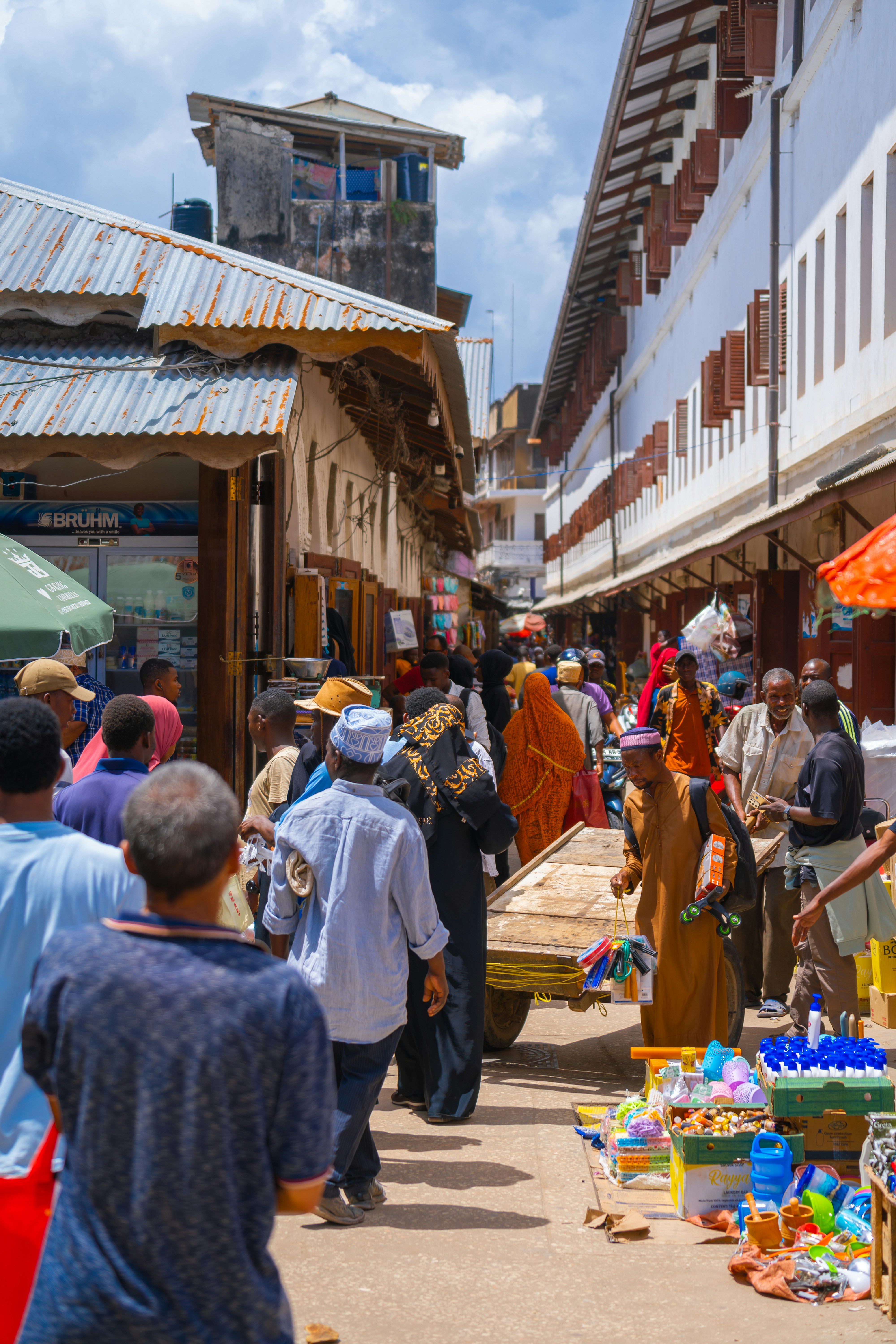 A busy street around the markets of Stone Town, Zanzibar, Tanzania.