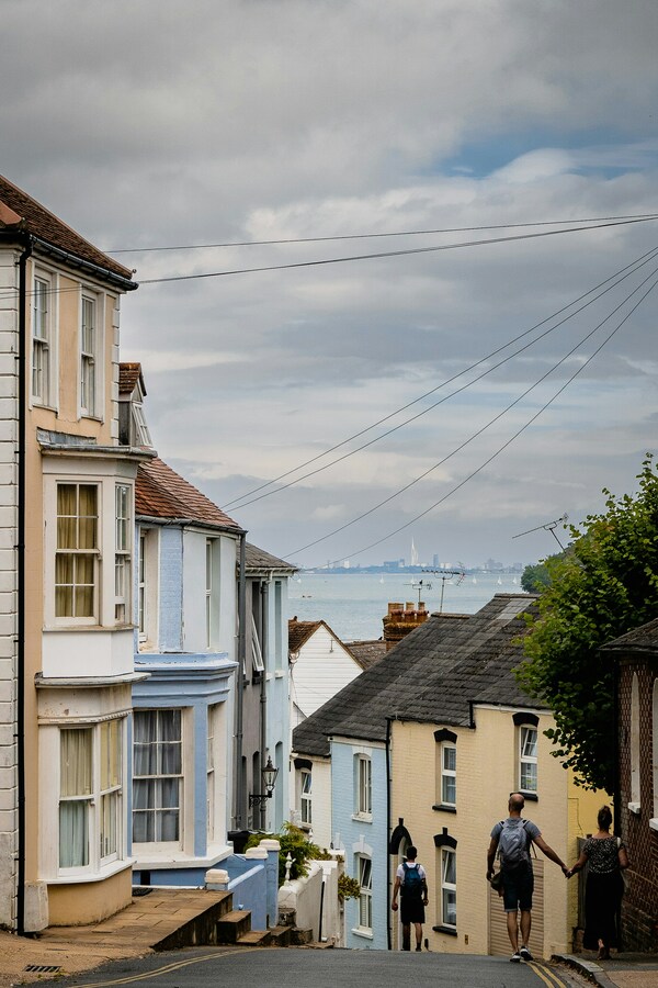 Walkig down into Cowes on the isle of Wight, looking across the Solent at Portsmouth.