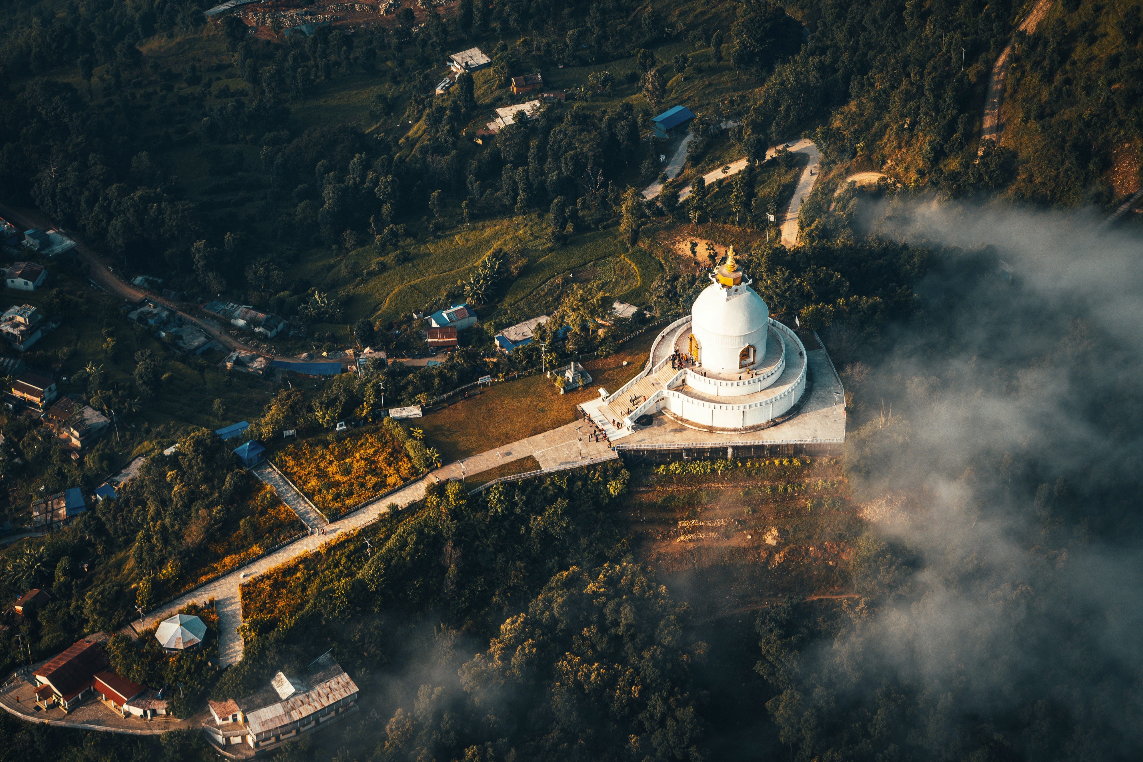 Stupa near Pokhara. View from air to valley in the Himalaya mountains