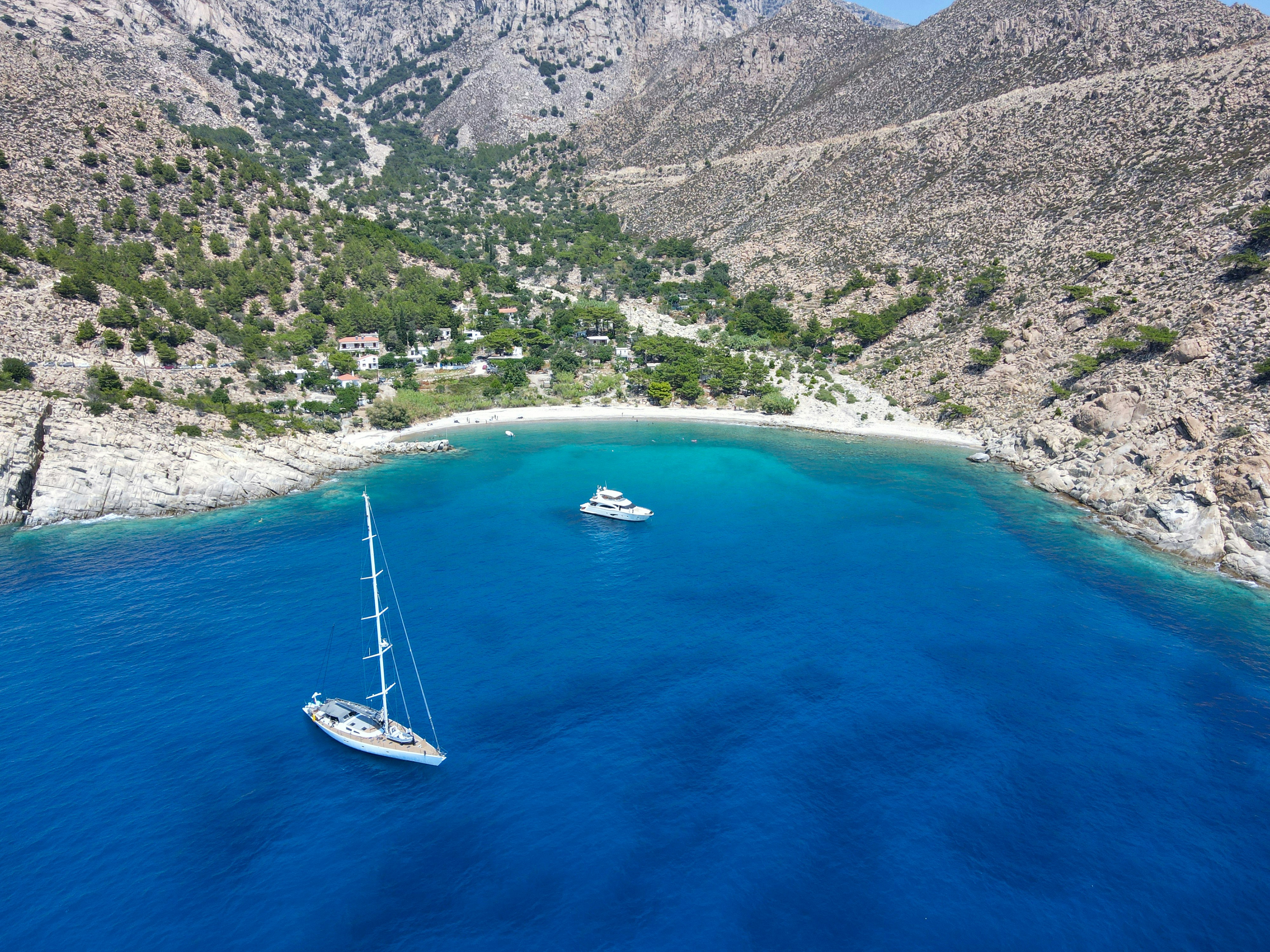 A view above Trapalou beach, Ikaria island, Greece.